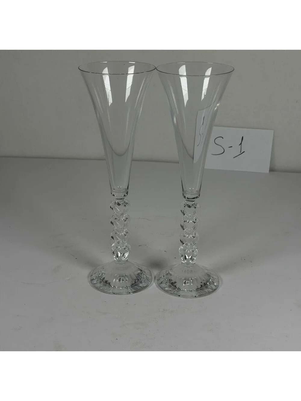 Set of 2 Clear Glass Champagne Flutes with Stacked Heart Stems - S-1